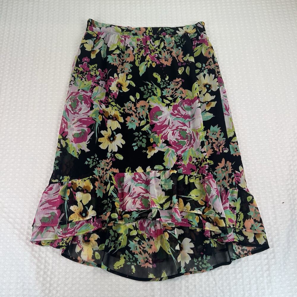 Elementz Floral High Low Ruffle Skirt Womens Medium Black Pink Midi